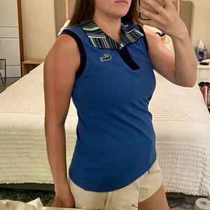 Lacoste Blue Sleeveless Polo Tank with Striped Collar Detail